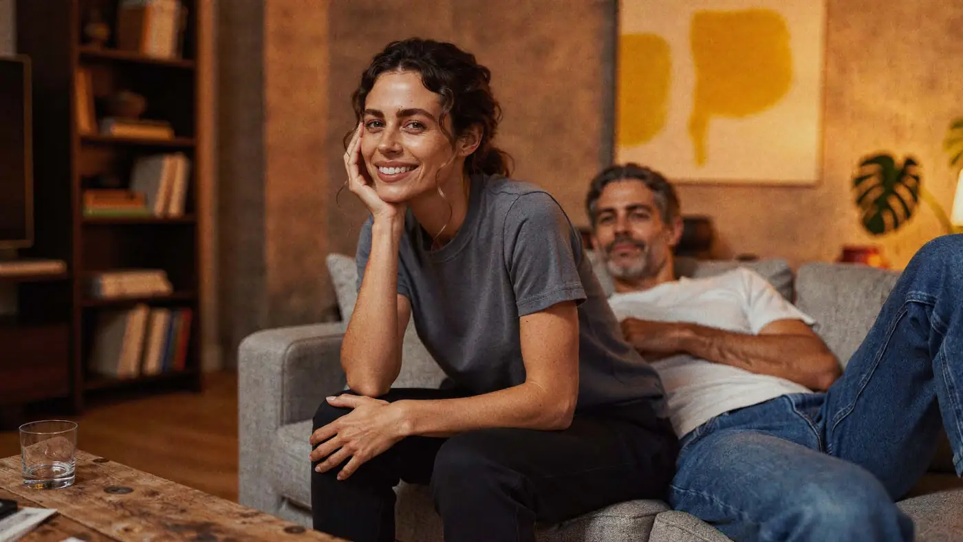 A woman and a man in the living room at night, deciding what to watch.