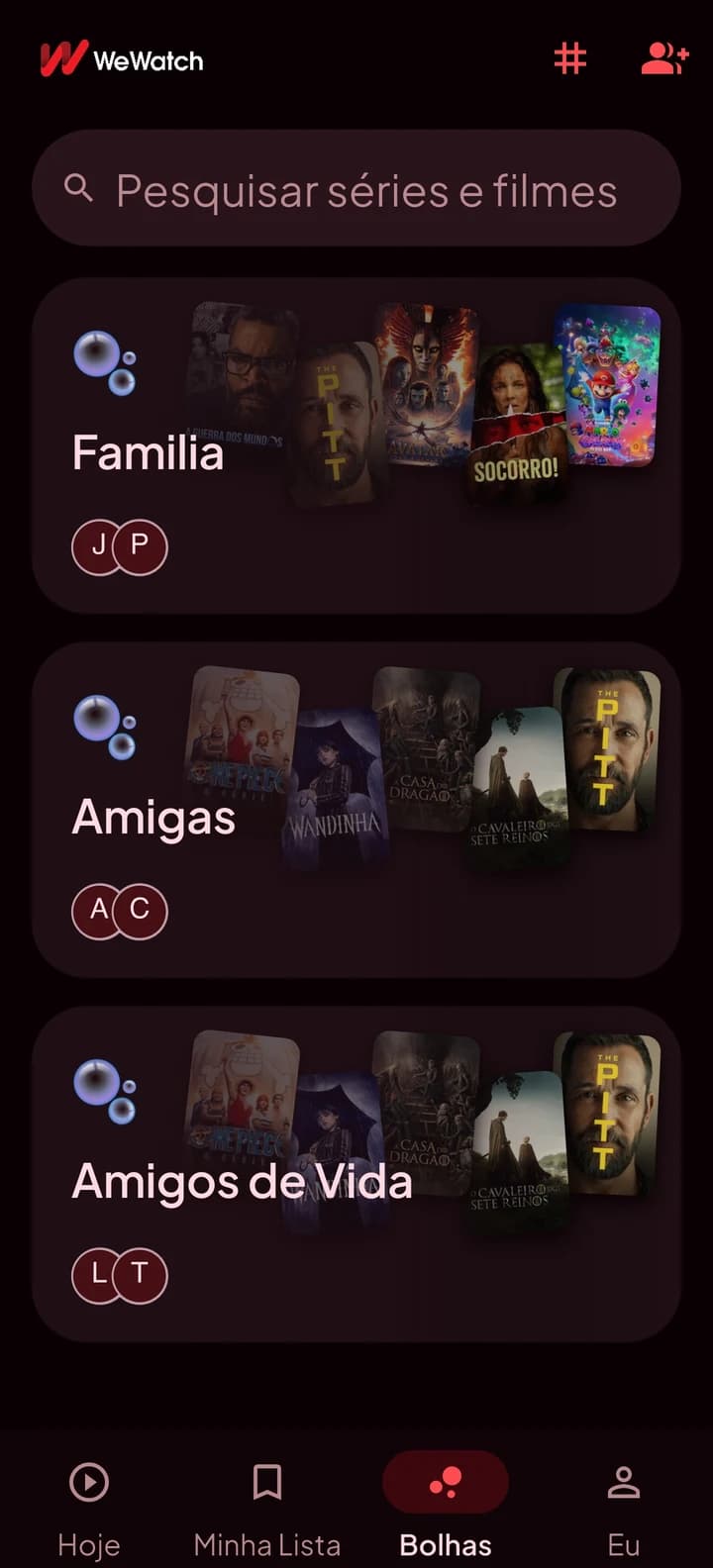 WeWatch bubbles screen, showing a person's private groups.