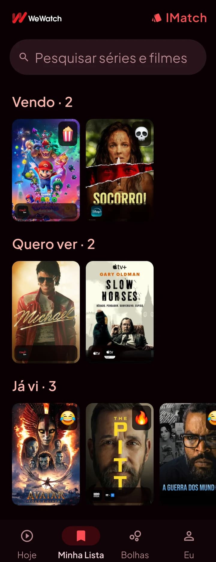 WeWatch My List screen, with titles split between watching, want to watch and watched.