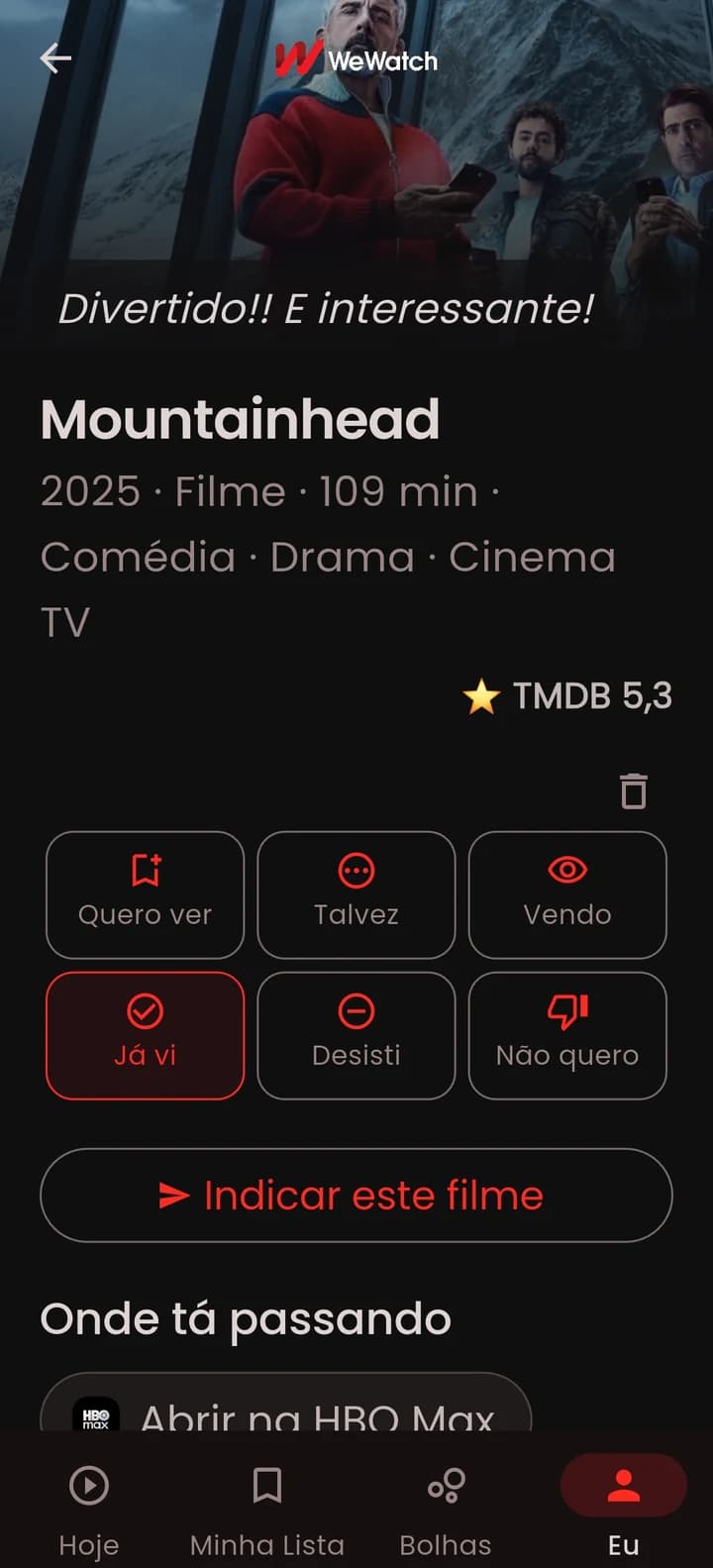 WeWatch title detail screen, showing the rating, a viewer's comment, and the reaction buttons.