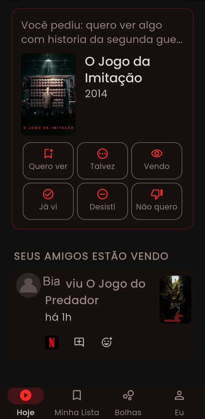 The Surprise me answer in the app: the request as typed, the suggested title and why that one.